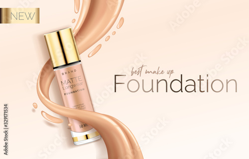 Foundation makeup, advertising design template for catalog with concealer, BB cream packaging tube mock up with liquid foundation in the background vector illustration.