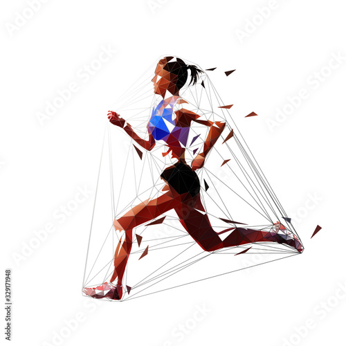Running woman, low polygonal isolated vector illustration