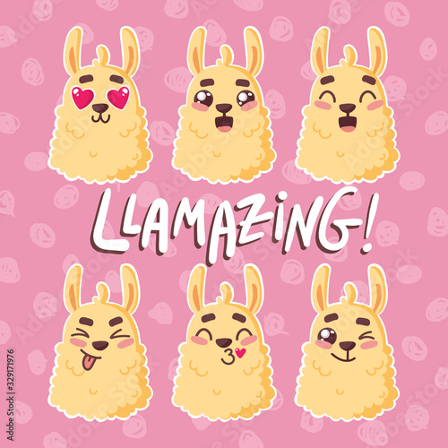 cute cartoon lama alpaca kawaii emoji set with unique hand drawn lettering quote-llamazing-on pink backgroung with sprinkles.Vector Illustration.unique design for cards, posters, t-shirts, invitations