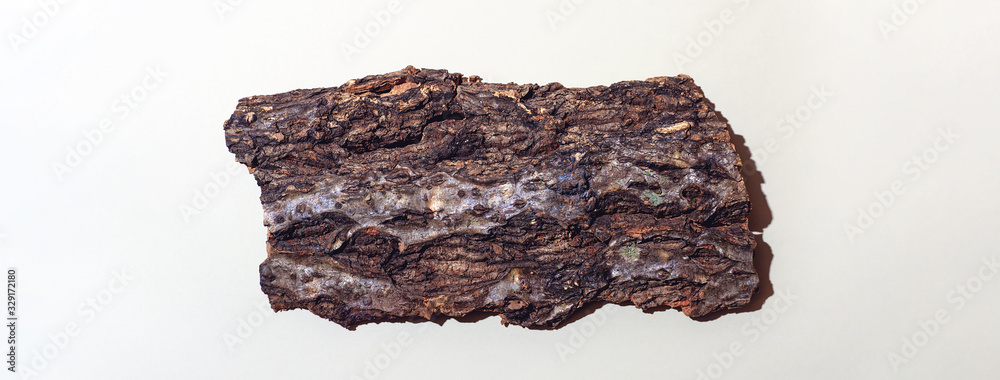 A plank made of tree bark. With a tight shadow on a light background. Concept