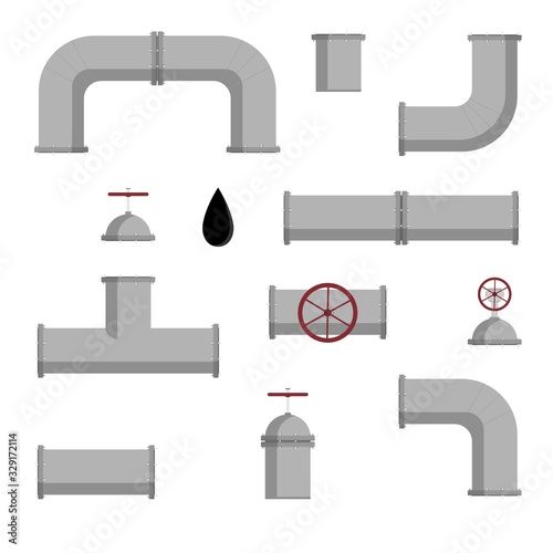 Vector set of pipelines elements for oil, gas, water isolated on white background. Kit of steel or plastic pipeline elements with valves and fittings, petroleum fuel, gas industry transportation line.
