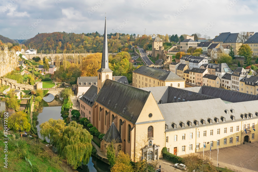 Detail of famous Luxembourg city line with church of St. John, Luxembourg.