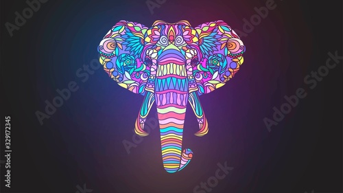 Mosaic glowing colorful elephant head on a black background