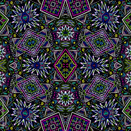 Ethnic pattern. Aztec fabric. Geometric tribal ornament. Brazilian or Mexican print. Clothes or interior design. Traditional homespun textile. Vector seamless pattern.