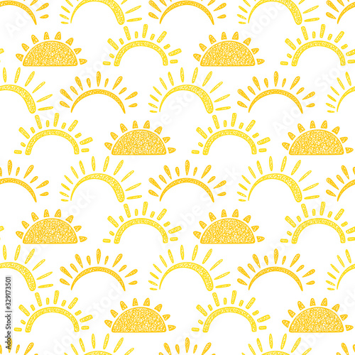 Yellow Sun Vector Seamless pattern. Hand drawn doodle Different Suns. Background for kids.