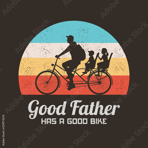 Father with children on bicycle. Retro illustration with silhouette of family riding bike on hill. Vector background for prints  t-shirts