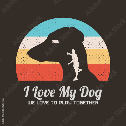 Guy playing with dog. Retro illustration with silhouettes of dachshund and man with plate. Vector background for prints, t-shirts