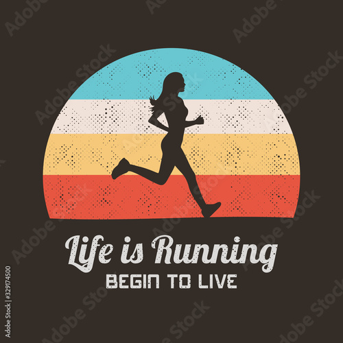 Jogging woman. Running girl silhouette. Retro background