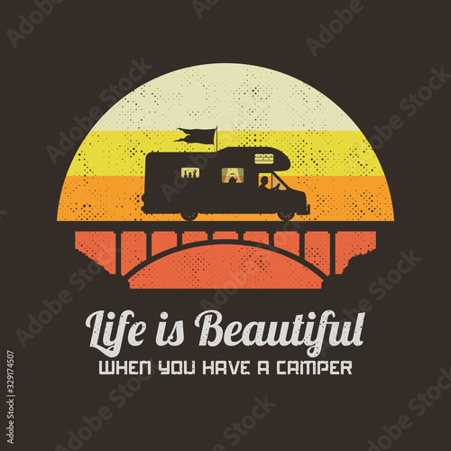 Car on bridge. Man silhouette in camper. Road trip. Retro background