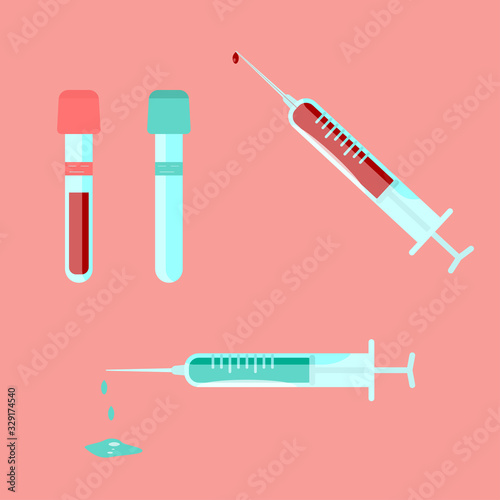 Medical vector icon with syringes with blood and vaccine and test tubes in flat style.