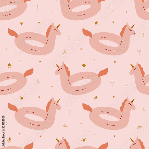 Flat Cute Unicorn Pool Float Unicorn Ring Summer Seamless Pattern Vector Illustration in Modern Collage Artistic Trendy Style