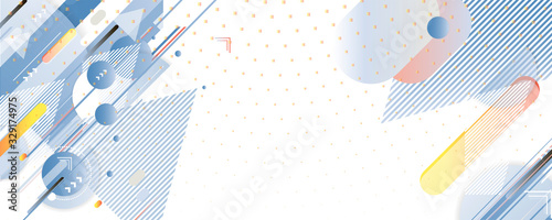 Pastel cyan and blue colors background with orange geometric elements, lines and dots for text, universal design, banner concept