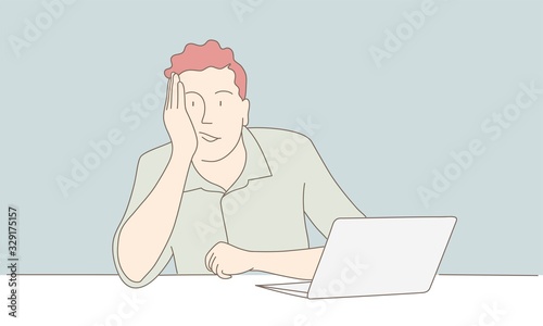 Hand drawn vector illustration of bored man character with laptop.
