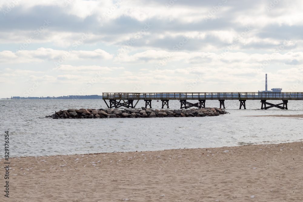 The pier stretching out into the York River in Yorktown, Virginia.