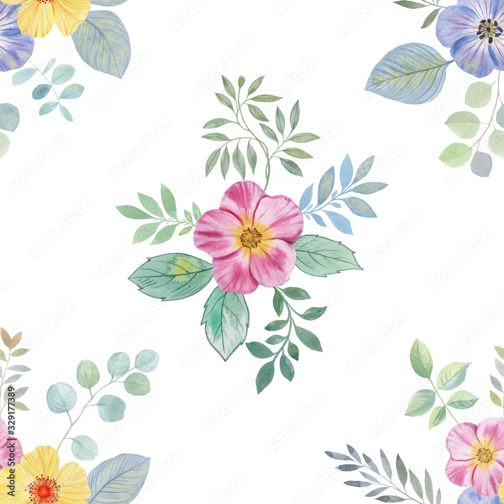 Obraz premium Hand painted watercolor charming combination of Flowers and Leaves isolated on white background.Drawn flowers on a white background.