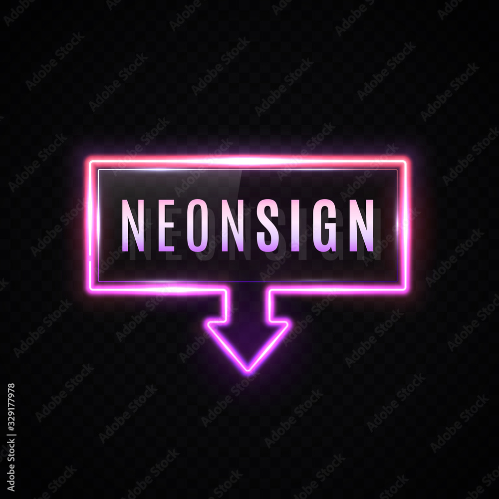 Neon banner with down arrow on dark transparent background. 3d rectangle gradient sign with glossy plastic plate. Pink and purple glowing frame. Electric laser effect. Color light vector illustration. Neon banner with down arrow on dark transparent background. 3d rectangle gradient sign with glossy plastic plate. Pink and purple glowing frame. Electric laser effect. Color light vector illustration.