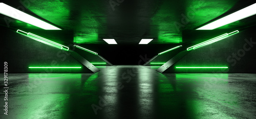Fototapeta Naklejka Na Ścianę i Meble -  Futuristic Modern Sci Fi Realistic Grunge Concrete Reflective Dark Empty Underground Tunnel Corridor With Neon Glowing Green Uranium Toxic Laser Tube Lights 3D Rendering