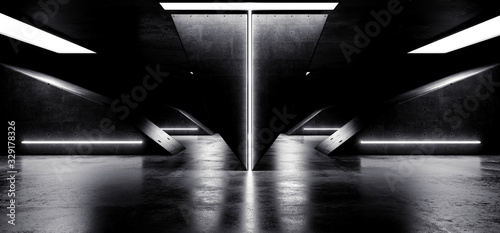 Fototapeta Naklejka Na Ścianę i Meble -  Futuristic Modern Sci Fi Realistic Grunge Concrete Reflective Dark Empty Underground Tunnel Corridor With Neon Glowing White Laser Tube Lights 3D Rendering