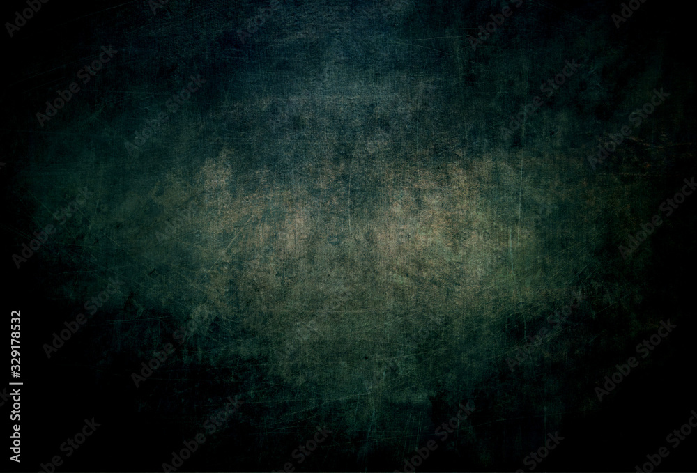 Modern abstract background dark mysterious with turquoise middle in dirty grunge style with scratches