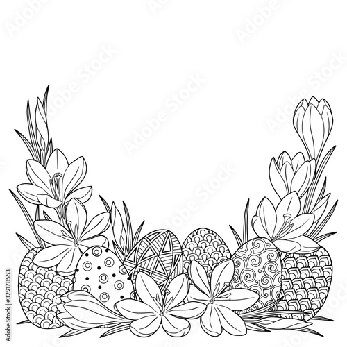 Happy Easter. Frame with black and white doodle easter eggs and spring crocus flowers. Coloring book for adults for relaxation and meditation. Vector isolated elements