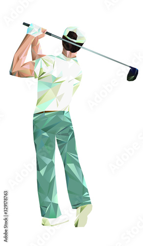 Vector eps 10 illustration one man golfer golfing golf swing taking a shot stylish triangle composition