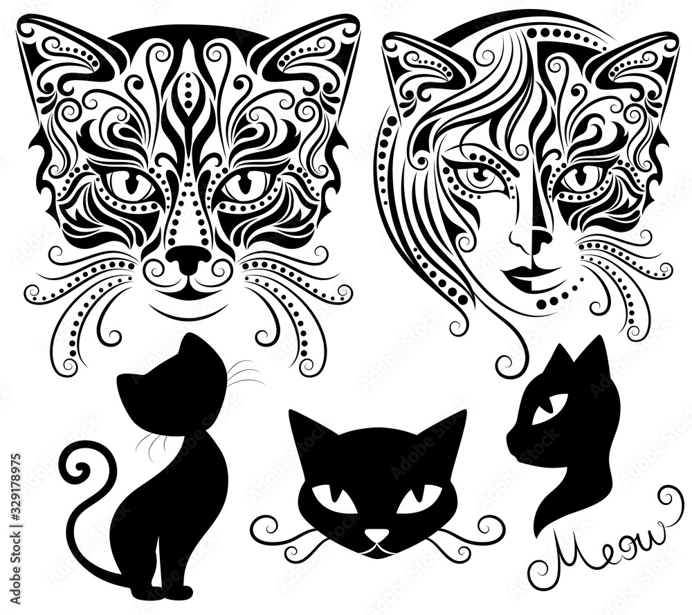 Head of a half woman and half a cat. Vector illustration of silhouette ...