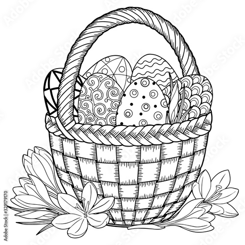 Happy Easter. Black and White Doodle Easter Eggs in the basket. Coloring book for adults for relax and meditation. Vector isolated elements