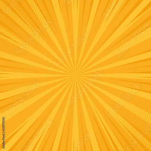 Abstract comic yellow background with speed lines. Retro style pop art design. Burst template backdrop. Light rays effect. Vintage comic book style. Fast zoom effect.