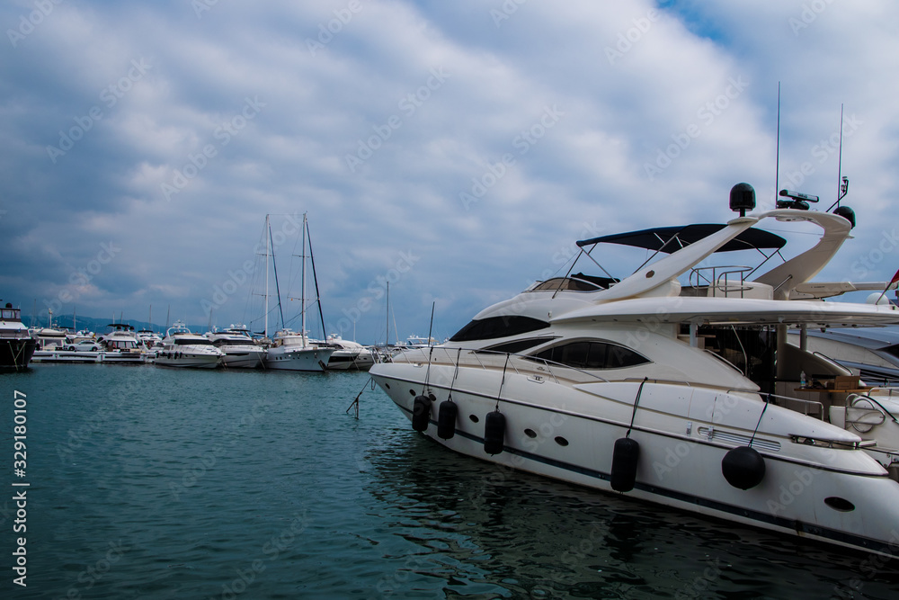 Fototapeta premium MARBELLA, SPAIN - February 28, 2020 - Boats and yachts moored in the sport port, Marbella, Malaga Province, Andalucia