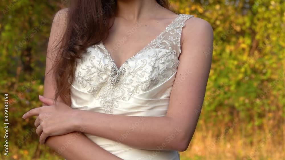 Beautiful bride is posing at the sunset against autumn nature. Video shooting movement camera with steadicam. Beautiful bride is posing at the sunset against autumn nature. Video shooting movement camera with steadicam.