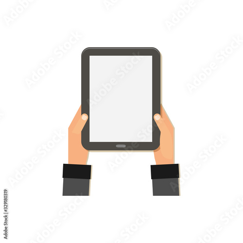 Realistic tablet pc computer in hands. Stock vector illustration isolated on white background.