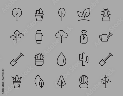   A set of Rosteniya Icons, and garden care, Vector illustration, Contains Icons such as tree, cactus, watering can, spade, flower and much more. on a white background, editable bar 480x480