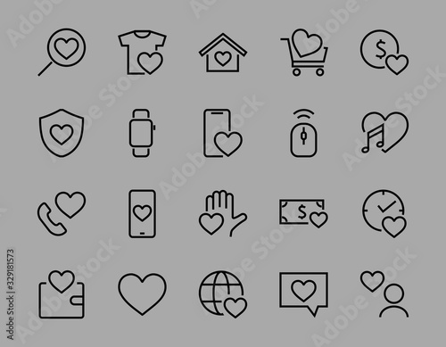  The set of icons about love contains such icons as love of music, declaration of love, heart, favorite home, Linear set. Vector on a white background. Editable stroke. 480x480