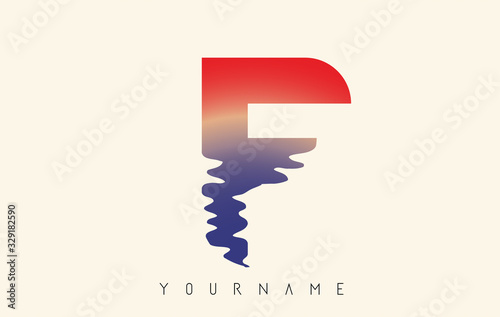 F Letter Logo with Water Effect and Sunset Gradient Vector Design.
