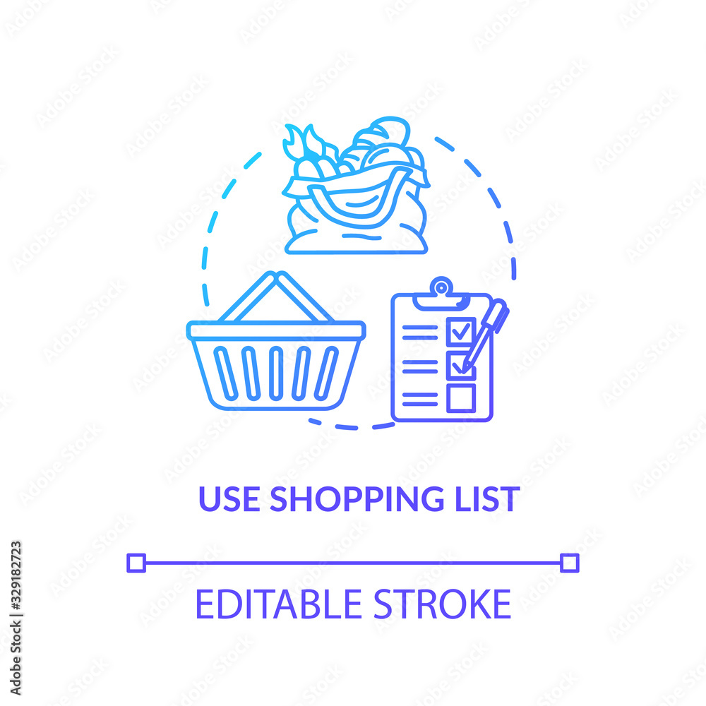 Use shopping list concept icon. Mindful eating, consumerism idea thin line illustration. Avoiding impulse buying, planning purchases. Vector isolated outline RGB color drawing Use shopping list concept icon. Mindful eating, consumerism idea thin line illustration. Avoiding impulse buying, planning purchases. Vector isolated outline RGB color drawing