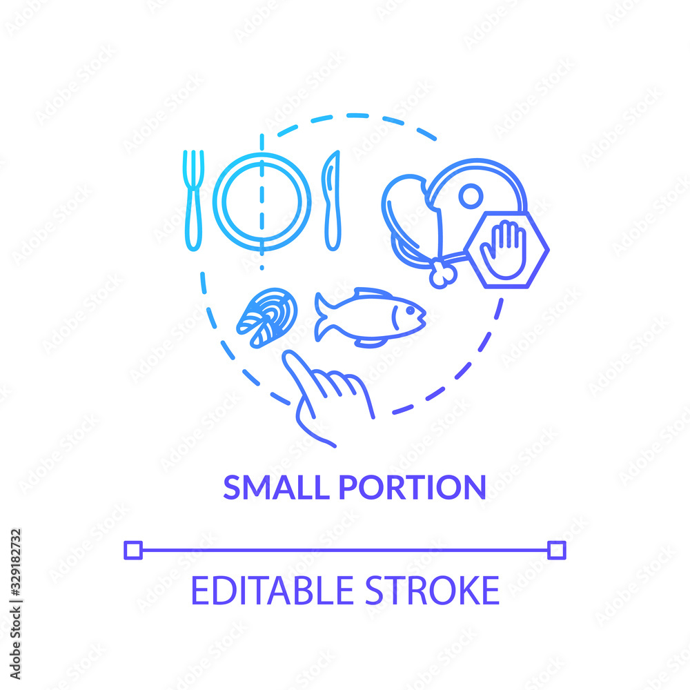 Small portion concept icon. Mindful eating, conscious nutrition idea thin line illustration. Limit plate size, avoid overeating. Vector isolated outline RGB color drawing Small portion concept icon. Mindful eating, conscious nutrition idea thin line illustration. Limit plate size, avoid overeating. Vector isolated outline RGB color drawing