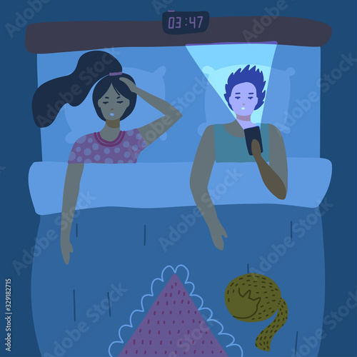 Sleepless Couple lying in bed and using mobile phones. Addiction, unhealthy habit, sleepless concept for banner. Gadget and internet addicted users flat vector illustration.