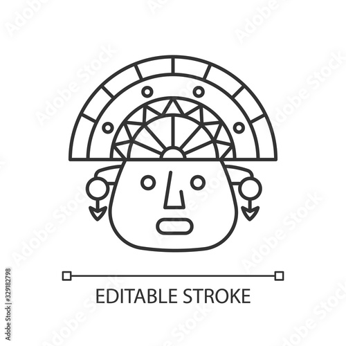 The Incas pixel perfect linear icon. Man face in traditional inca headdress. Peruvian culture. Thin line customizable illustration. Contour symbol. Vector isolated outline drawing. Editable stroke