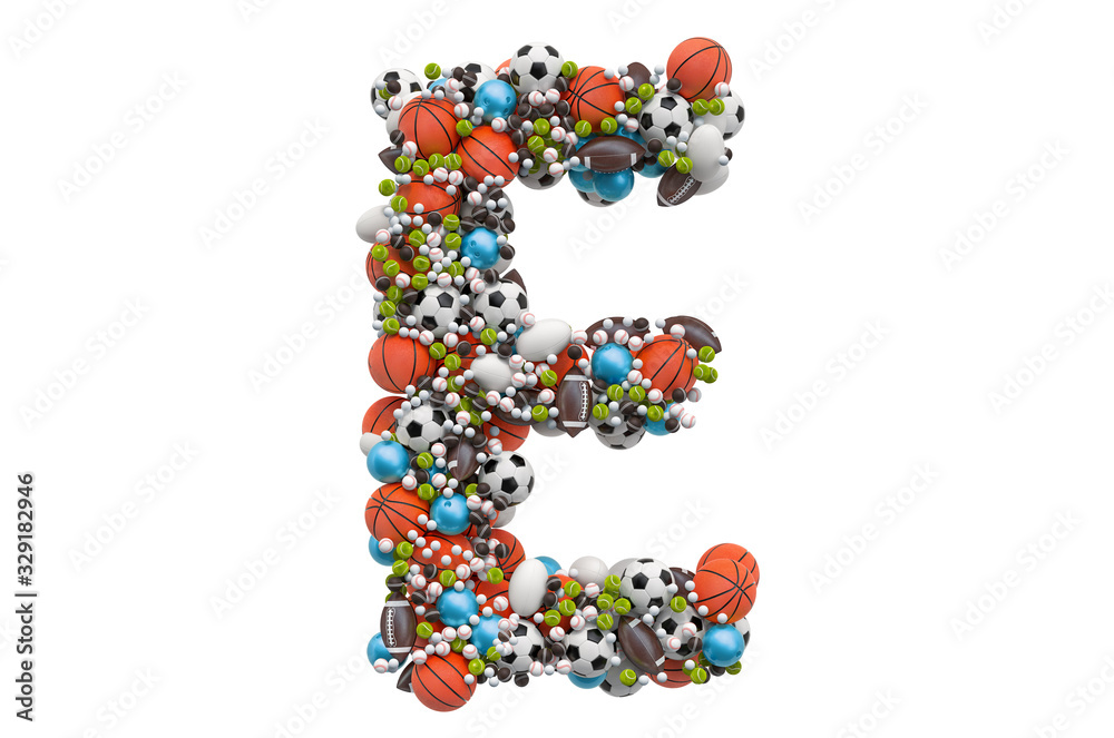 Letter E from sport gaming balls, 3D rendering