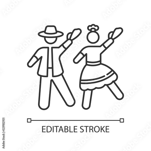 Marinera pixel perfect linear icon. Peruvian traditional couple dance. Man and woman dancers. Thin line customizable illustration. Contour symbol. Vector isolated outline drawing. Editable stroke