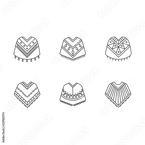 Poncho pixel perfect linear icons set. Mexican, Peruvian, Brazilian wear. Hispanic ethnic woolen clothes. Customizable thin line contour symbols. Isolated vector outline illustrations. Editable stroke