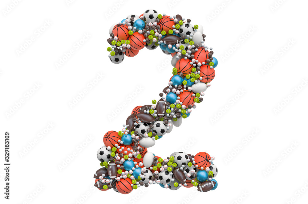 Number 2 from sport gaming balls, 3D rendering Number 2 from sport gaming balls, 3D rendering