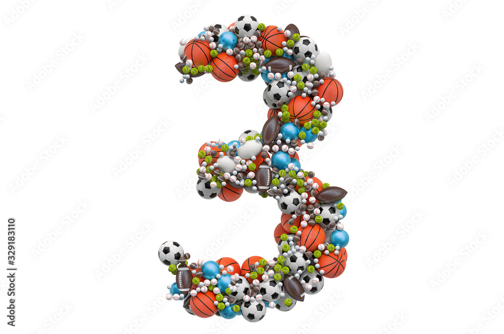 Number 3 from sport gaming balls, 3D rendering Number 3 from sport gaming balls, 3D rendering