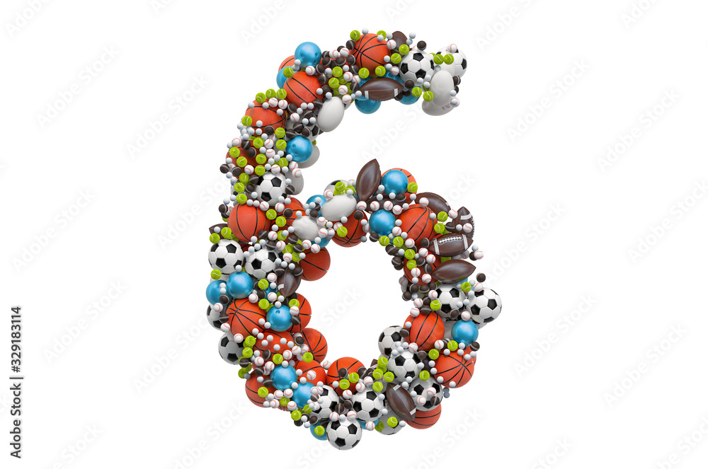 Number 6 from sport gaming balls, 3D rendering Number 6 from sport gaming balls, 3D rendering