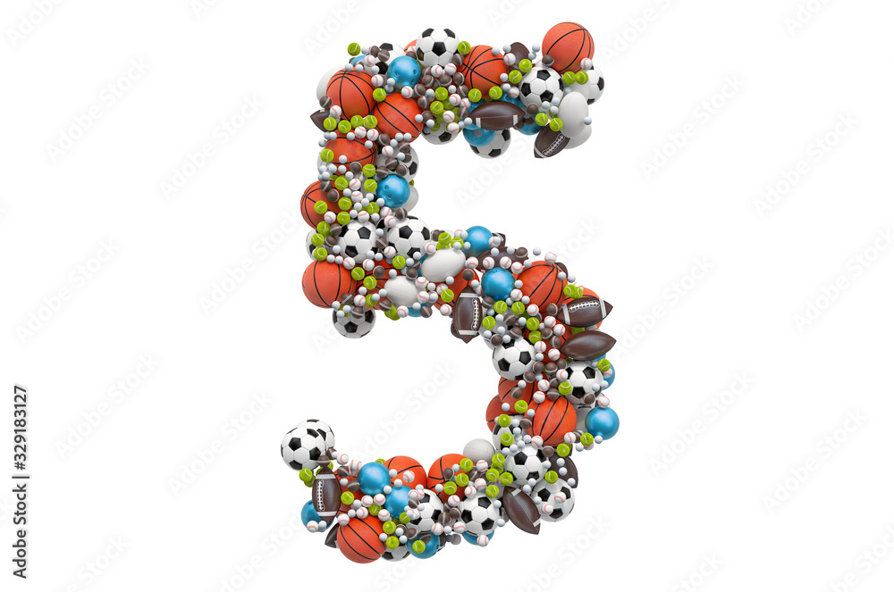 Number 5 from sport gaming balls, 3D rendering