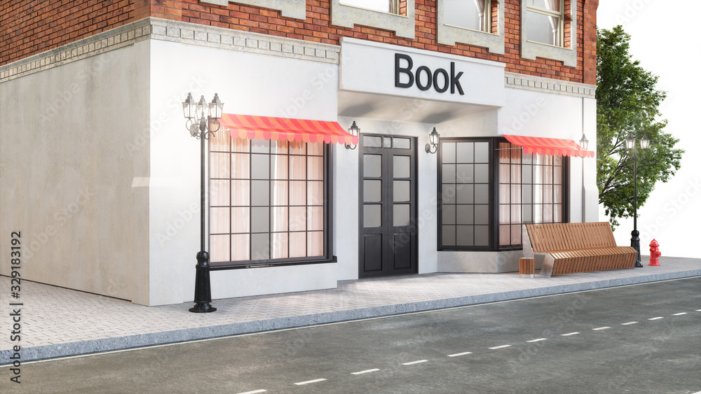 Bookstore or library. Exterior of a building near the road. Education concept. The view from the street is a bench with a garbage bin, street lights hydrant and a beautiful tree, 3d illustration