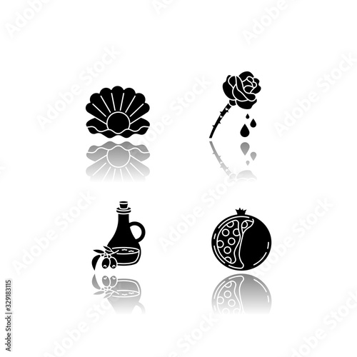 Cosmetic ingredient drop shadow black glyph icons set. Pearl in oyster shell. Rose extract. Olive oil. Sliced pomegranate. Korean beauty. Isolated vector illustrations on white space