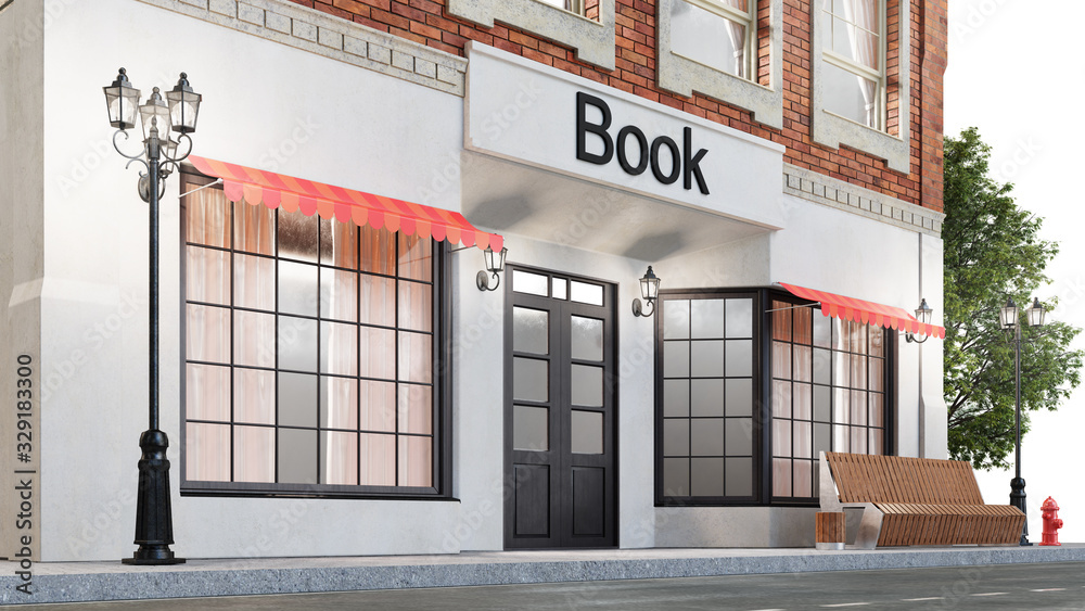 Obraz premium Bookstore or library. Exterior of a building near the road. Education concept. The view from the street is a bench with a garbage bin, street lights hydrant and a beautiful tree, 3d illustration