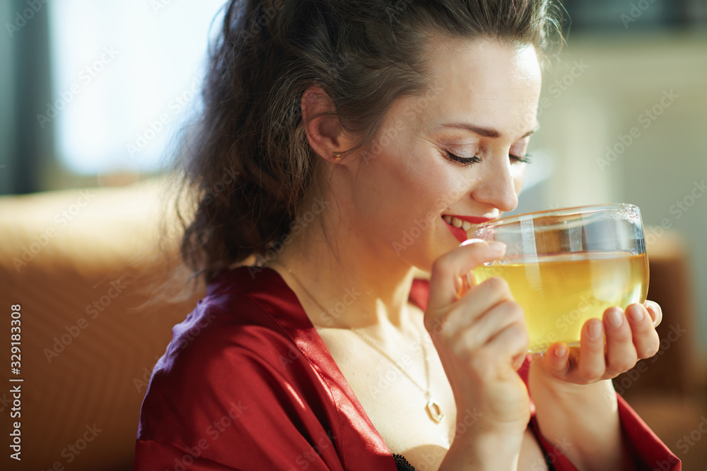 happy woman in modern house in sunny day drinking cup of tea happy woman in modern house in sunny day drinking cup of tea