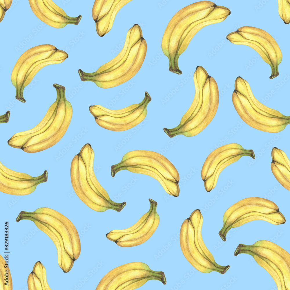 Watercolor bananas seamless pattern on blue background. Summer bananas watercolor pattern. Summer fruits background. Tropical blue pattern. Yellow fruits. Botanical illustration. 